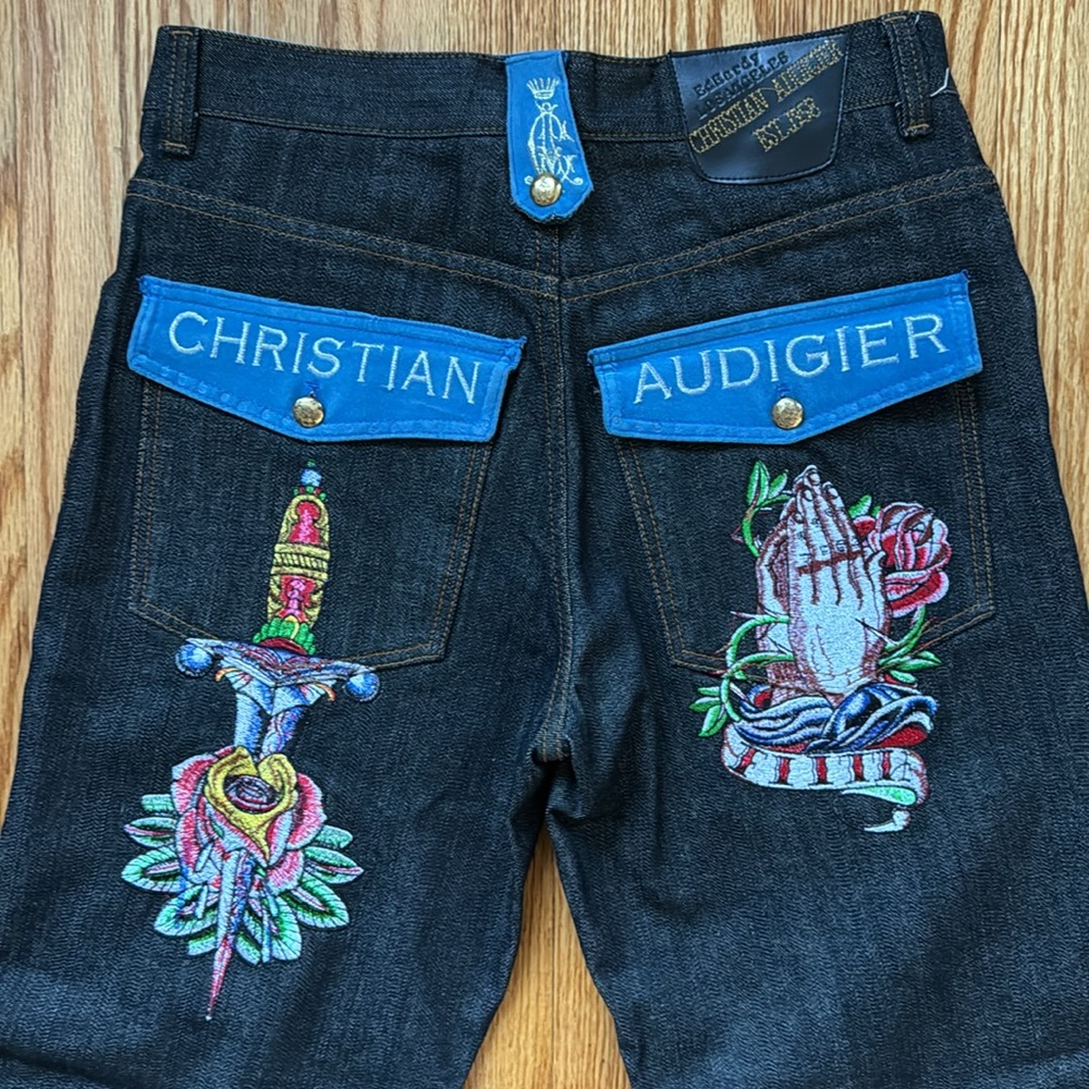 Ed Hardy Black Jeans with Blue Pocket Accents and Multicolor Embroidery